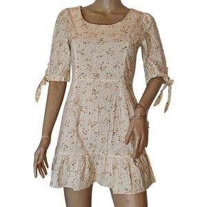 Andywarhol Cream Floral‎ Mini Dress Tie Sleeves Cottagecore Small